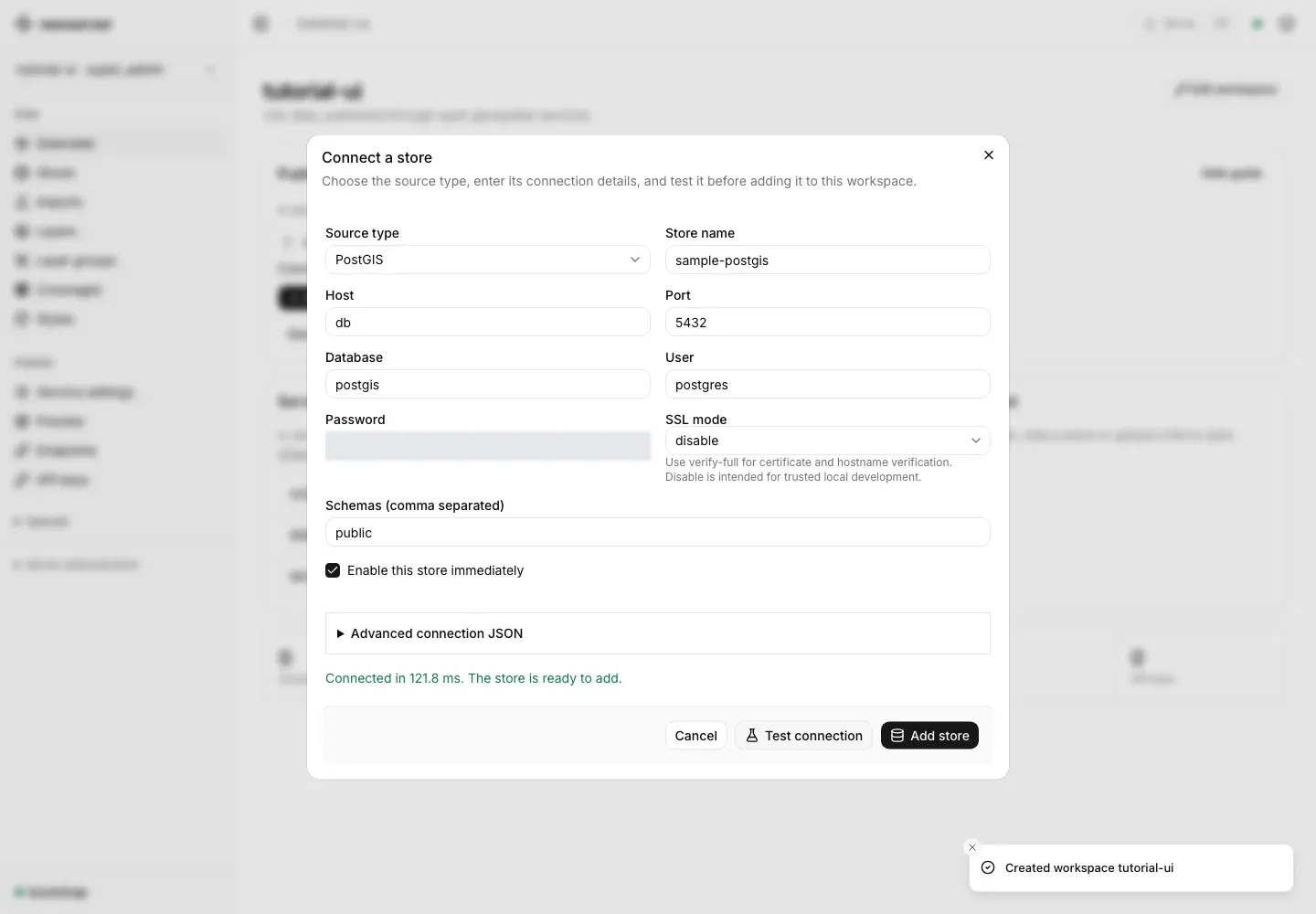 PostGIS store form showing a successful connection test, with its password masked