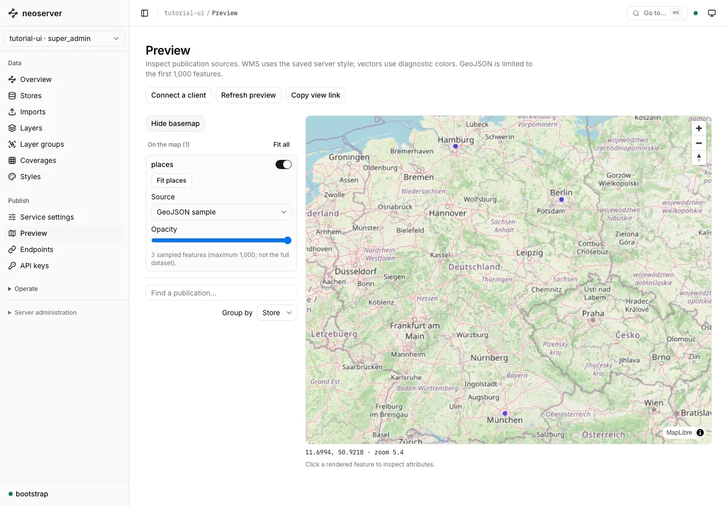 Neoserver console showing published geospatial layers on the map preview